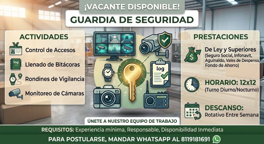 Banner del anuncio de la vacante: ¡VACANTE DISPONIBLE! · GUARDIA DE SEGURIDAD · ACTIVIDADES · PRESTACIONES · Control de Accesos · Llenado de Bitácoras · Rondines de Vigilanci