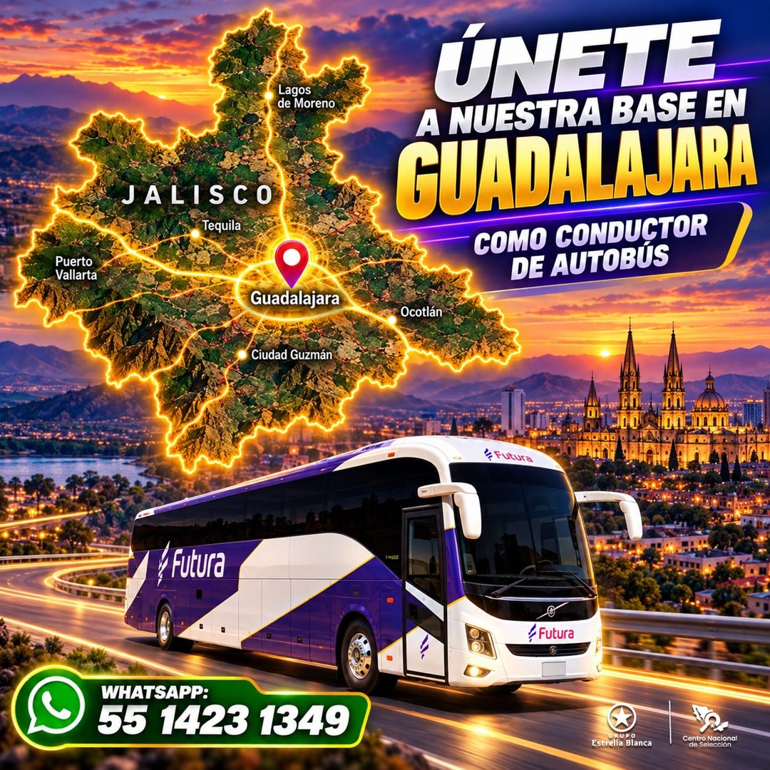 Banner del anuncio de la vacante: Lagos · de Moreno · JALISCO · Tequila · Puerto · Vallarta · Guadalajara · Ciudad Guzmán · / Futura · WHATSAPP: · 55 1423 1349 · ÚNETE · A NU
