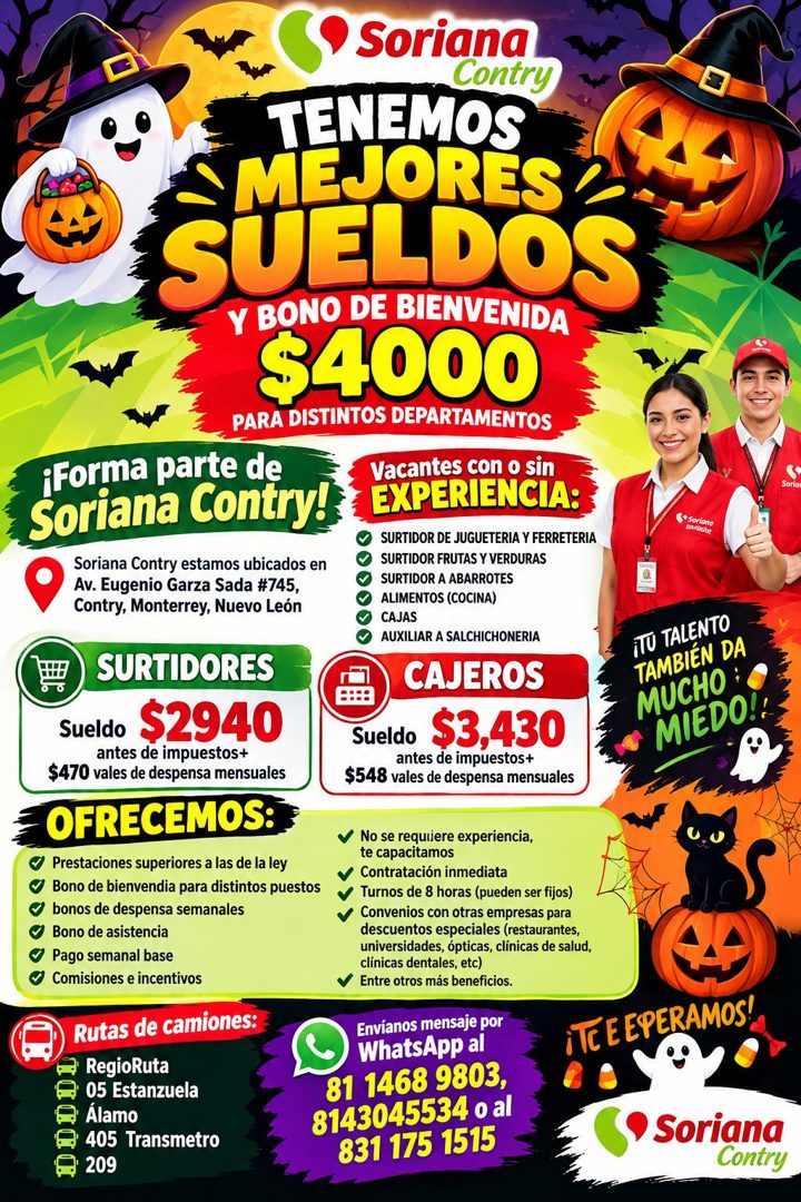 Banner del anuncio de la vacante: • Soriana · Contry · TENEMOS · S MEJORES · SUELDOS · Y BONO DE BIENVENIDA · $4000 · PARA DISTINTOS DEPARTAMENTOS · ¡Forma parte de · Soriana