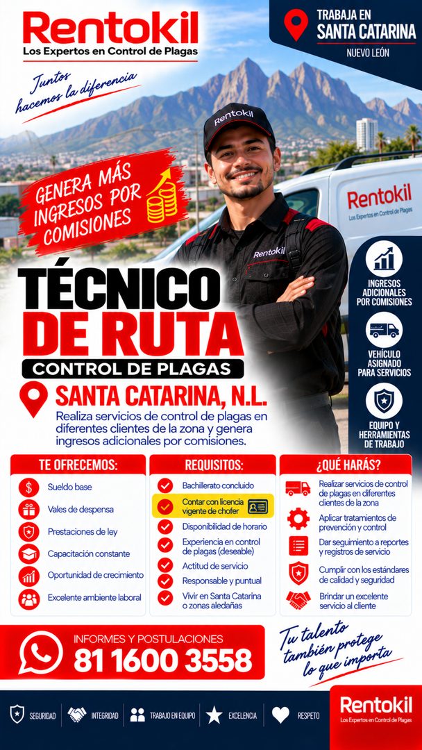 Banner del anuncio de la vacante: Rentokil · Los Expertos en Control de Plagas · Juntos · hacemos la diferencia · TRABAJA EN · SANTA CATARINA · NUEVO LEÓN · pentokil · GENERA