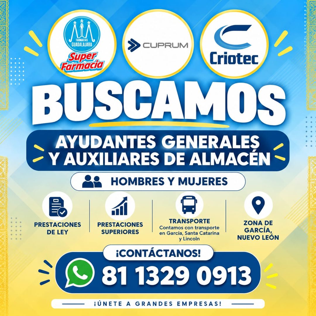 Banner del anuncio de la vacante: GUADALAJARA · CUPRUM · Super® · C · Criotec · Farmacia · BUSCAMOS · AYUDANTES GENERALES · Y AUXILIARES DE ALMACÉN · HOMBRES Y MUJERES · PRES
