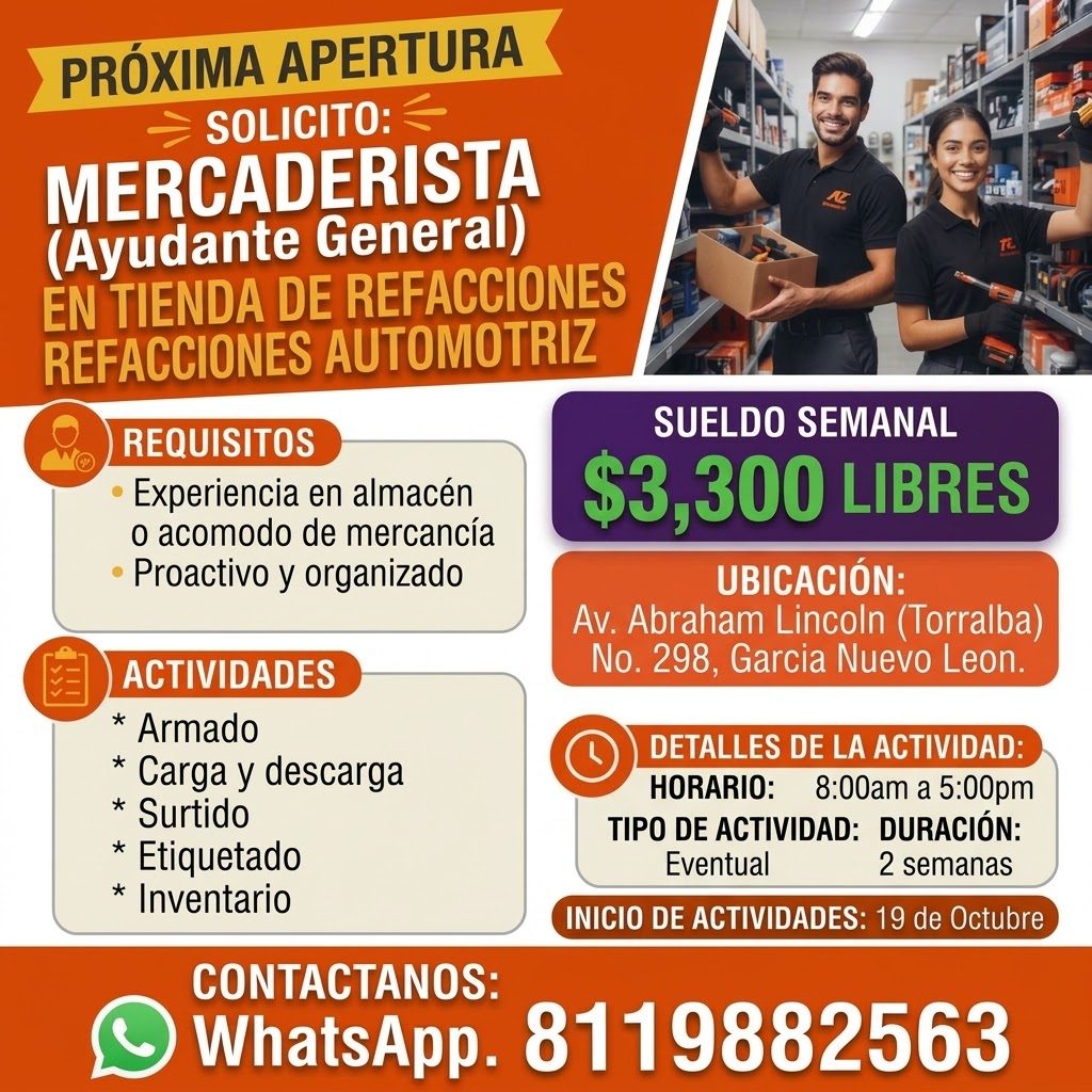 Banner del anuncio de la vacante: PRÓXIMA APERTURA · SOLICITO: · MERCADERISTA · (Ayudante General) · EN TIENDA DE REFACCIONES · REFACCIONES AUTOMOTRIZ · REQUISITOS · • Experi