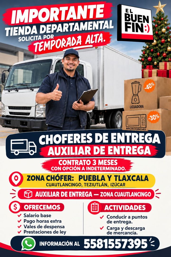 Banner del anuncio de la vacante: IMPORTANTE · TIENDA DEPARTAMENTAL · SOLICITA POR · TEMPORADA ALTA. · EL · BUEN · FIN:) · - 40% · LICUADORA · -30% · MICROONDAS · CHOFERES DE