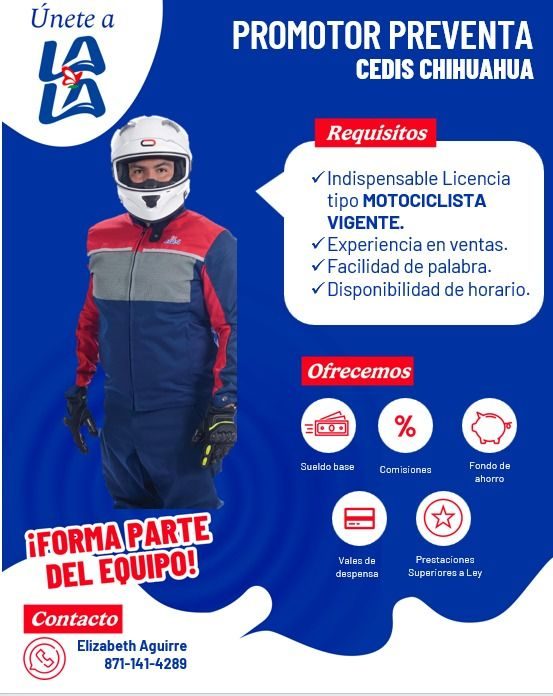 Banner del anuncio de la vacante: Únete a · PROMOTOR PREVENTA · CEDIS CHIHUAHUA · Requisitos · r Indispensable Licencia · tipo MOTOCICLISTA · VIGENTE. · Experiencia en ventas