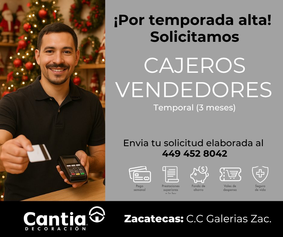 Banner del anuncio de la vacante: wullle4 · Cantia · DECORACIÓN · ¡Por temporada alta! · Solicitamos · CAJEROS · VENDEDORES · Temporal (3 meses) · Envia tu solicitud elaborad