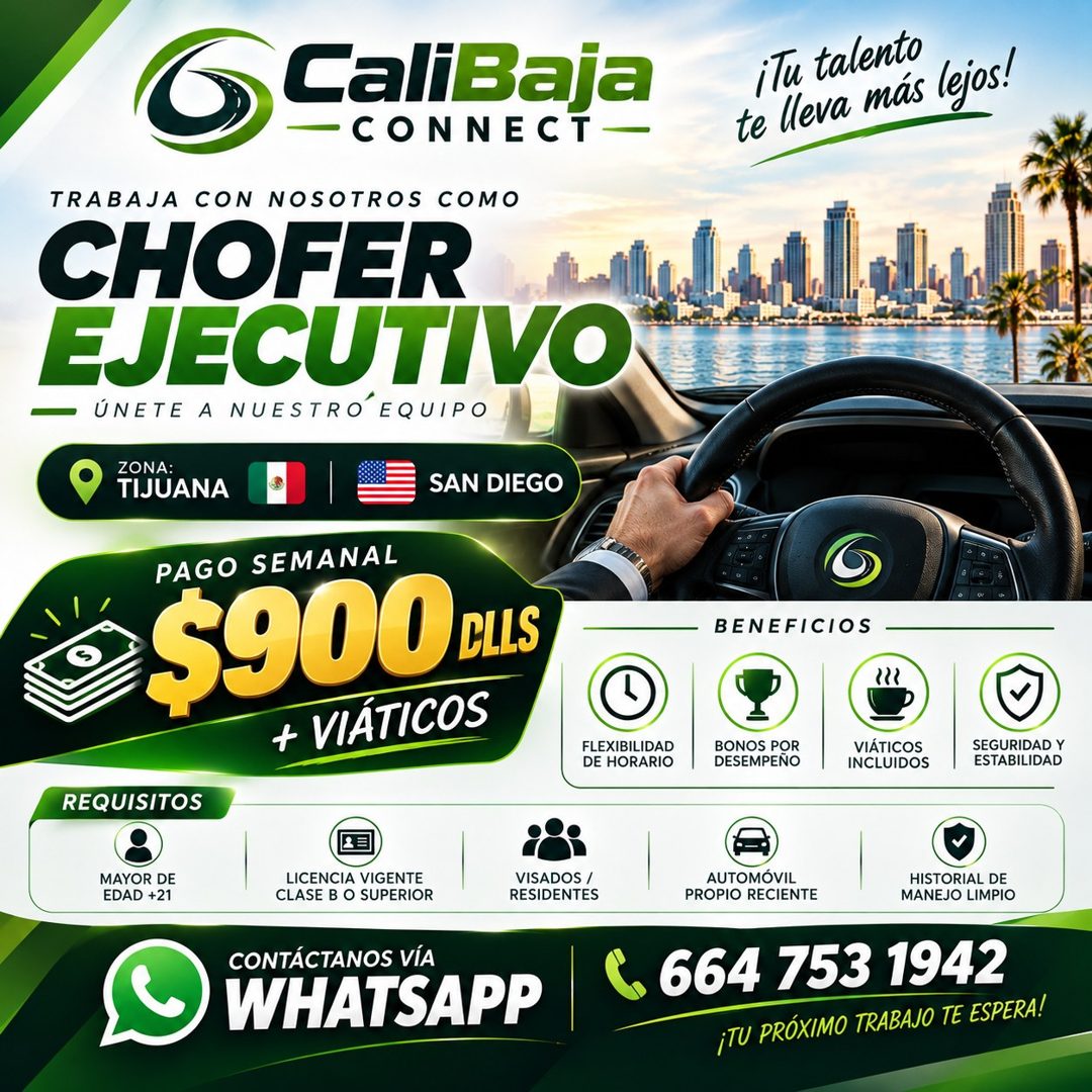Banner del anuncio de la vacante: 6 CaliBaja · — CONNECT - · iTu talento · te lleva más lejos! · TRABAJA CON NOSOTROS COMO · CHOFER · EJECUTIVO · ÚNETE A NUESTRÓ EQUIPO · ZON