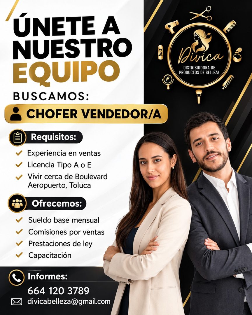 Banner del anuncio de la vacante: ÚNETE A · NUESTRO · EQUIPO · BUSCAMOS: · CHOFER VENDEDOR/A · Requisitos: · * Experiencia en ventas · • Licencia Tipo A o E · Vivir cerca de 
