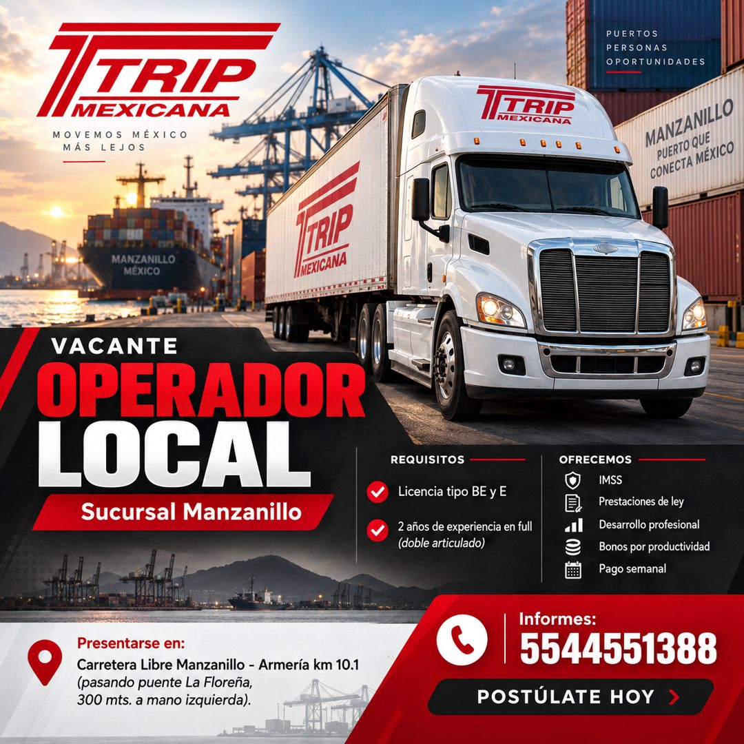 Banner del anuncio de la vacante: MOVEMOS MÉXICO · MÁS LEJOS · MANZANILLO · MÉXICO · MEXICANA · VACANTE · OPERADOR · LOCAL · Sucursal Manzanillo · Presentarse en: · Carretera