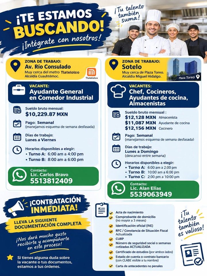 Banner del anuncio de la vacante: ¡TE ESTAMOS · BUSCANDO! · ¡Intégrate con nosotros! · ¡Tu talento · tambien · suma! · ZONA DE TRABAJO: · Av. Río Consulado · Muy cerca del me