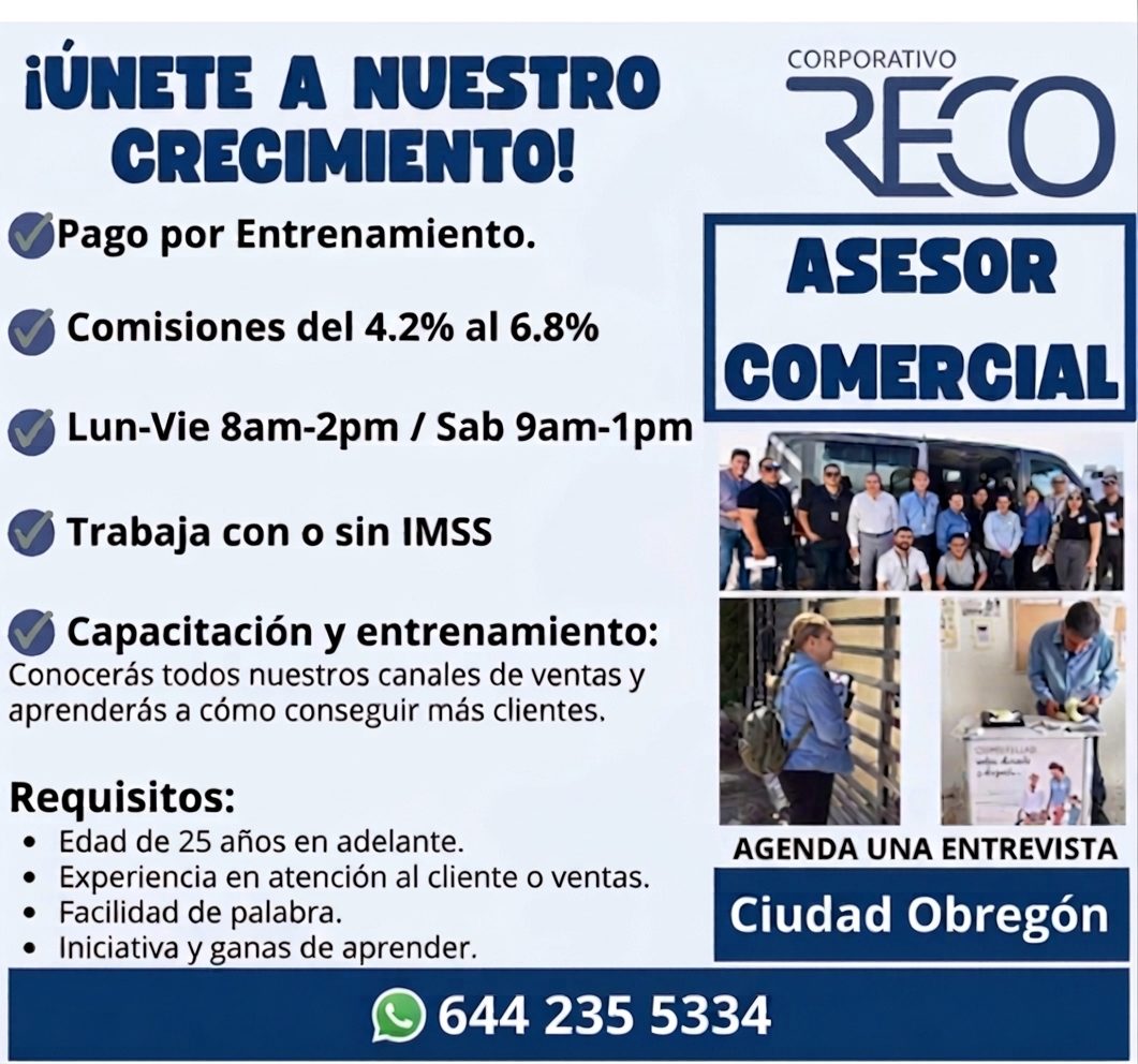 Banner del anuncio de la vacante: ¡ÚNETE A NUESTRO · CRECIMIENTO! · Pago por Entrenamiento. · Comisiones del 4.2% al 6.8% · Lun-Vie 8am-2pm / Sab 9am-1 pm · Trabaja con o sin