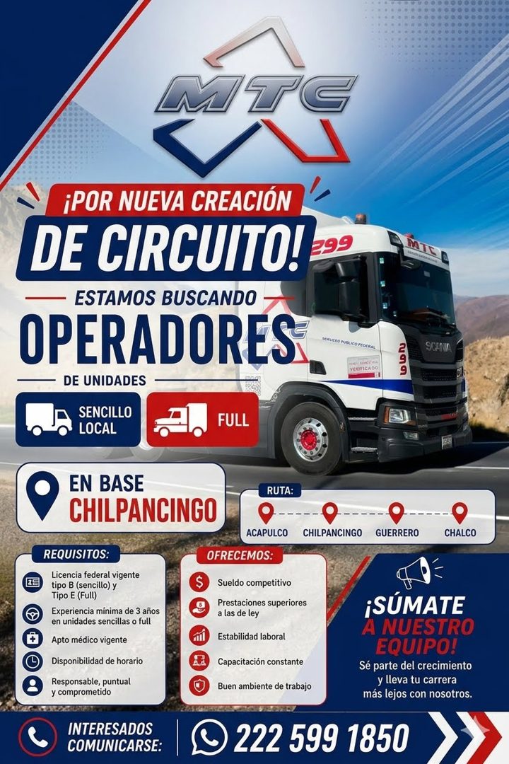 Banner del anuncio de la vacante: MIC · ¡POR NUEVA CREACIÓN · DE CIRCUITO! 22° · ESTAMOS BUSCANDO · OPERADORES · MCRUCEO PUBLICO FEOCRAL · DE UNIDADES · SENCILLO · LOCAL · FU