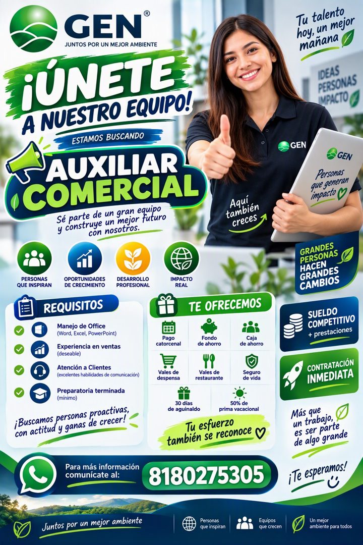Banner del anuncio de la vacante: GEN® · JUNTOS POR UN MEJOR AMBIENTE · ¡ÚNETE · A NUESTRO EQUIPO! · ESTAMOS BUSCANDO · AUXILIAR · (COMERCIAL · Sé parte de un gran equipo · y
