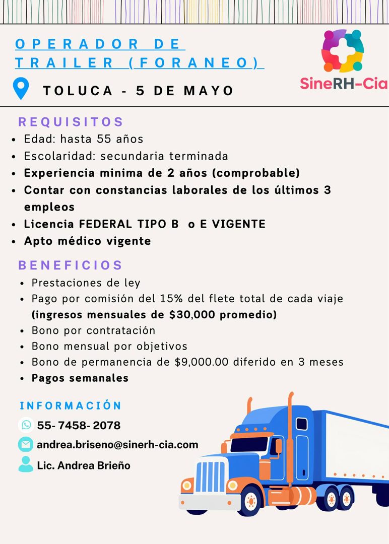 Banner del anuncio de la vacante: OPERADOR DE · TRAILER (FORANEO) · • TOLUCA - 5 DE MAYO · REQUISITOS · • Edad: hasta 55 años · • Escolaridad: secundaria terminada · • Experi