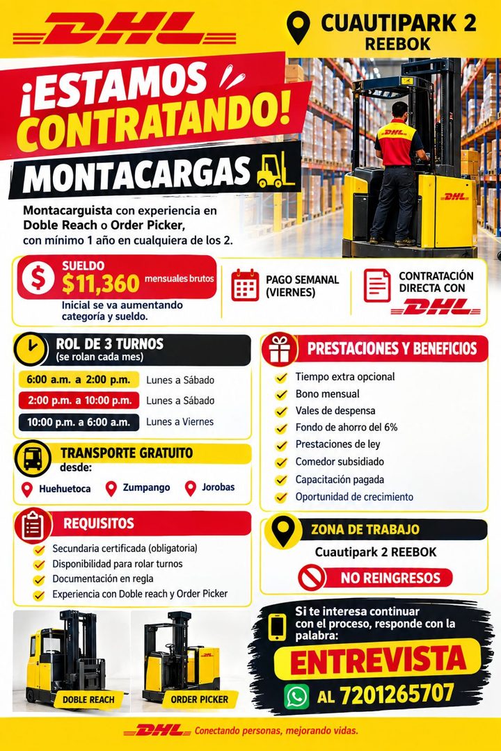 Banner del anuncio de la vacante: =DE · CUAUTIPARK 2 · REEBOK · ¡ESTAMOS · CONTRATANDO! · MONTACARGAS ..L · Montacarguista con experiencia en · Doble Reach o Order Picker, · 