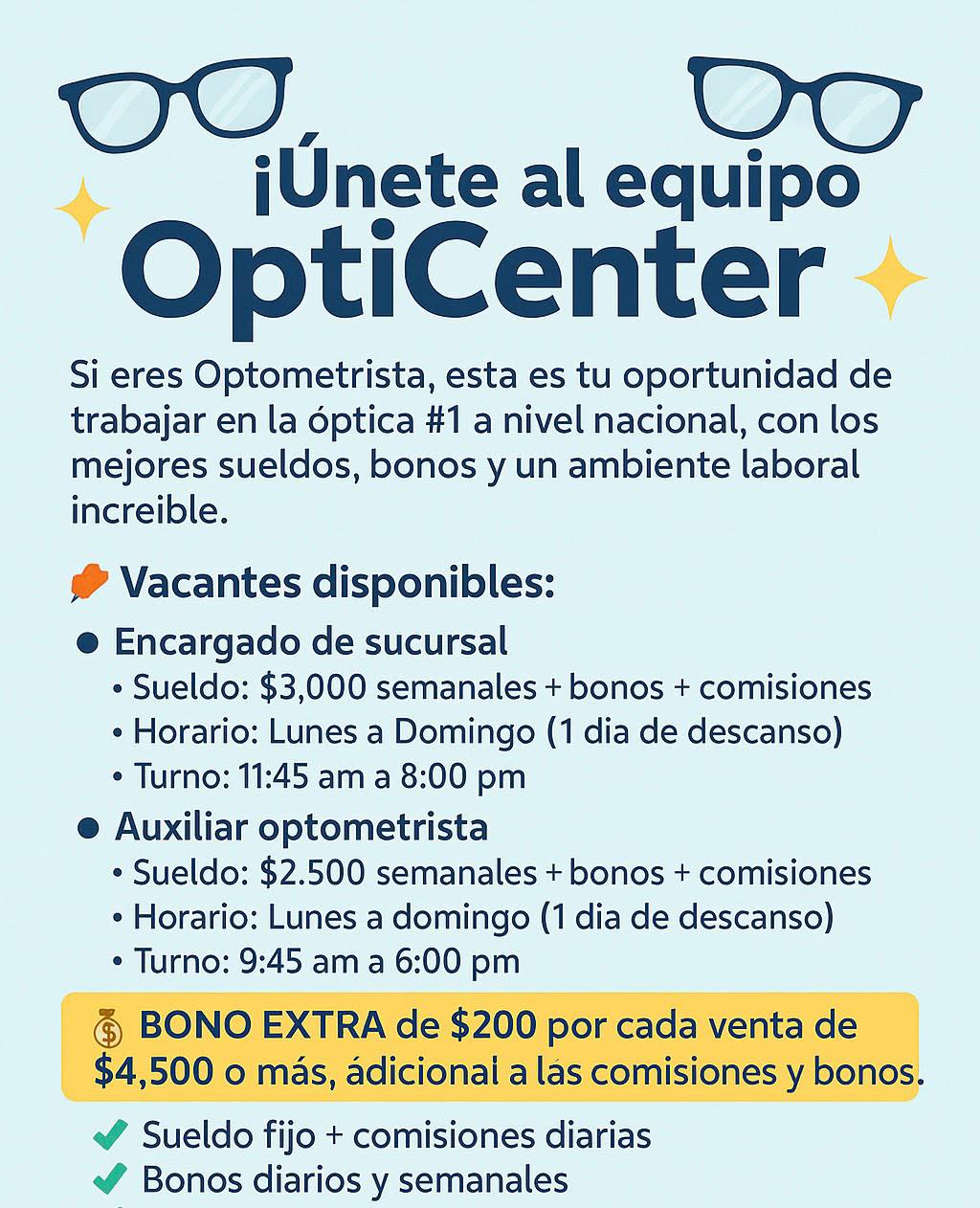 Banner del anuncio de la vacante: ¡Únete al equipo · OptiCenter · Si eres Optometrista, esta es tu oportunidad de · trabajar en la óptica #1 a nivel nacional, con los · mejor