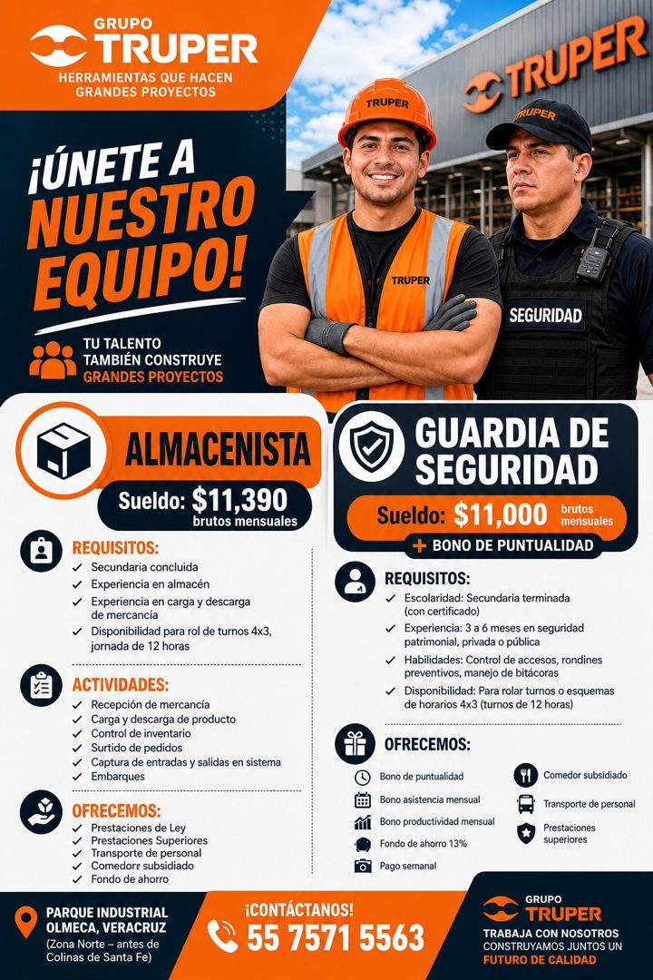 Banner del anuncio de la vacante: GRUPO · TRUPER · HERRAMIENTAS QUE HACEN · GRANDES PROYECTOS · ¡ÚNETE A · NUESTRO · EQUIPO! · TU TALENTO · TAMBIÉN CONSTRUYE · GRANDES PROYEC