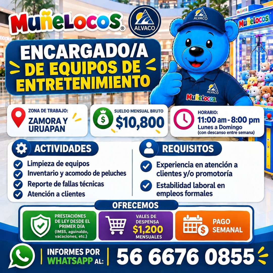 Banner del anuncio de la vacante: MuneLocos. · ALVACO · ENCARGADO/A · > DE EQUIPOS DE < · ENTRETENIMIENTO · ALVACO · Murizoces · Mulielocos. · ZONA DE TRABAJO: · ZAMORA Y · U