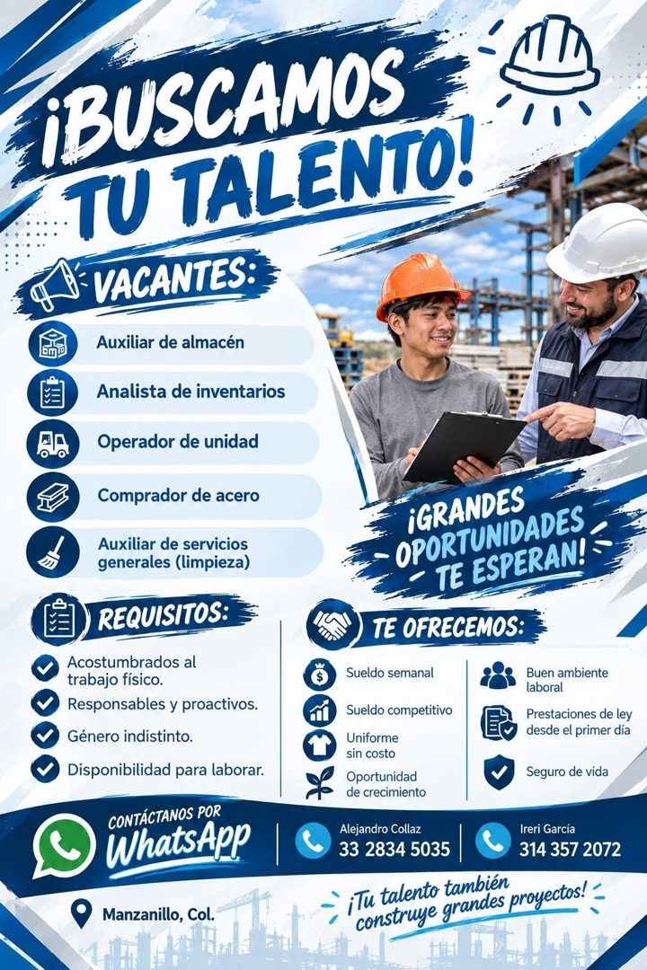 Banner del anuncio de la vacante: ¡BUSCAMOS · TU TALENTO! · VACANTES: · Auxiliar de almacén · Analista de inventarios · Operador de unidad · Comprador de acero · Auxiliar de 