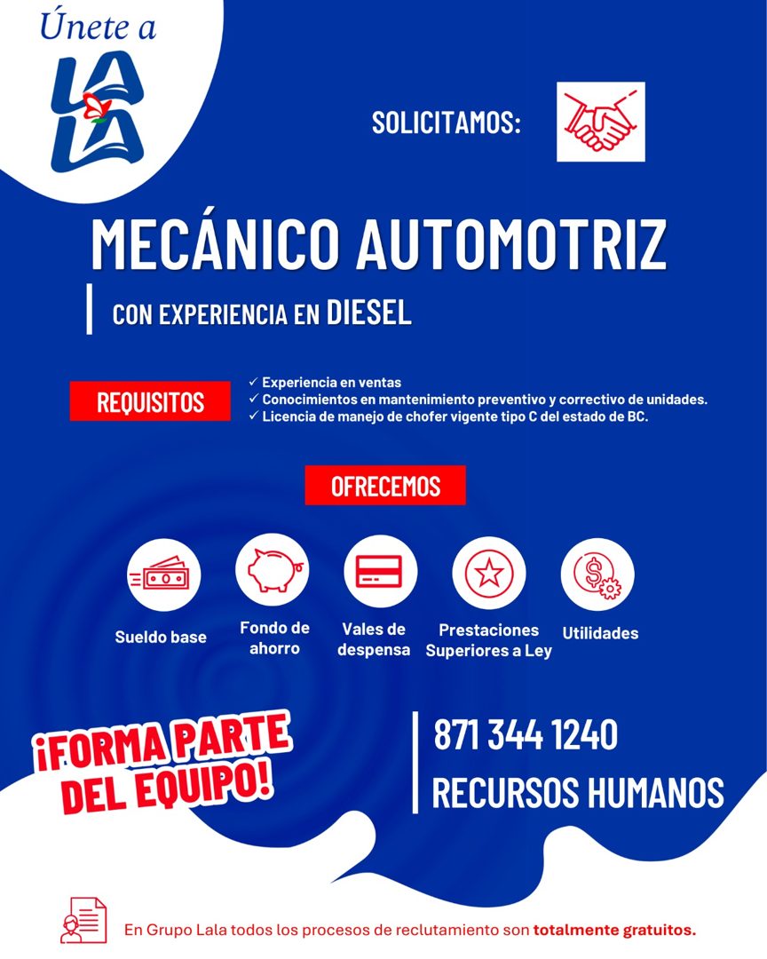 Banner del anuncio de la vacante: Únete a · SOLICITAMOS: · MECÁNICO AUTOMOTRIZ · CON EXPERIENCIA EN DIESEL · REQUISITOS · Experiencia en ventas · Conocimientos en mantenimien