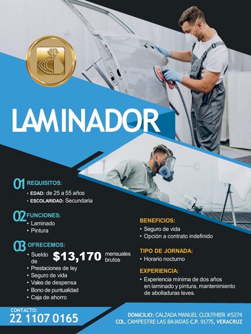 Banner del anuncio de la vacante: LAMINADOR · 01 REQUISITOS: · • EDAD: de 25 a 55 años · • ESCOLARIDAD: Secundaria · 02 FUNCIONES: · • Laminado · • Pintura · OB OFRECEMOS: · 