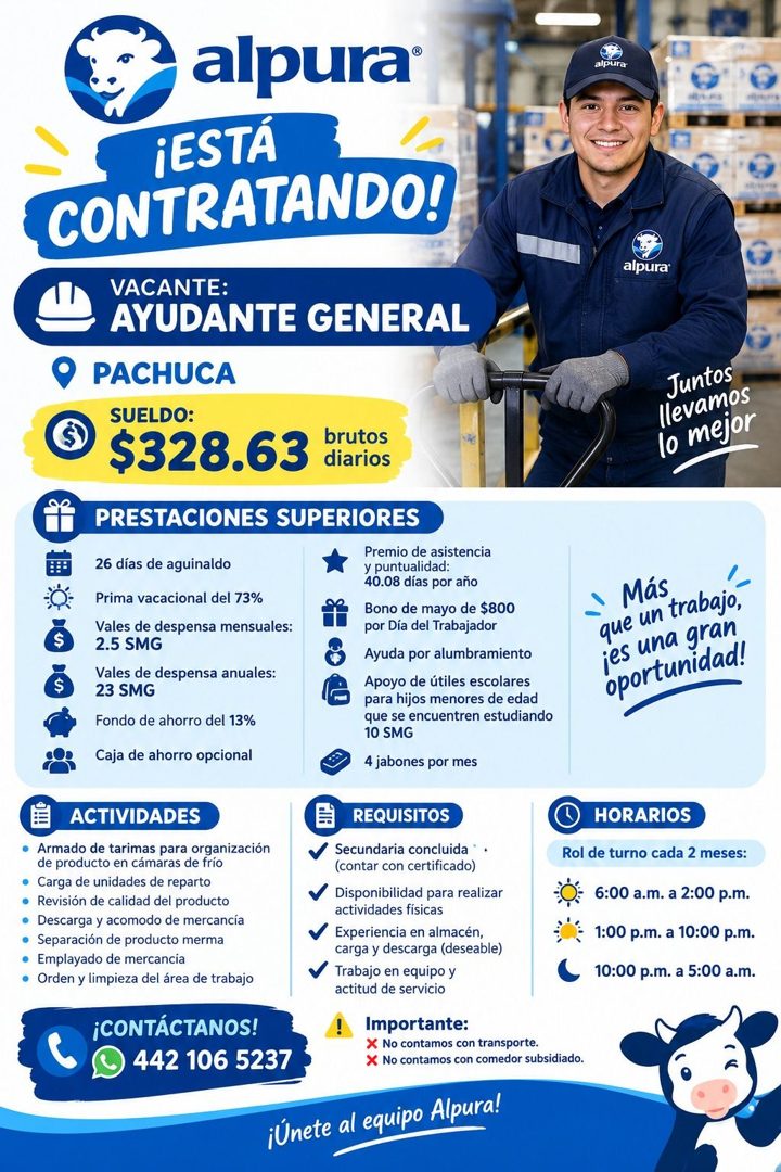 Banner del anuncio de la vacante: alpura® · ¡ESTÁ · CONTRATANDO! · VACANTE: · AYUDANTE GENERAL · • PACHUCA · SUELDO: · $328.63 · brutos · diarios · PRESTACIONES SUPERIORES · 