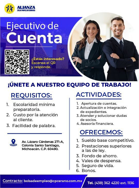 Banner del anuncio de la vacante: ALIANZA · CAMA POPULAR CERANO · Ejecutivo de · Cuenta · ¿Estás interesado? · Escanea el QR · y responde. · ¡ÚNETE A NUESTRO EQUIPO DE TRABAJ