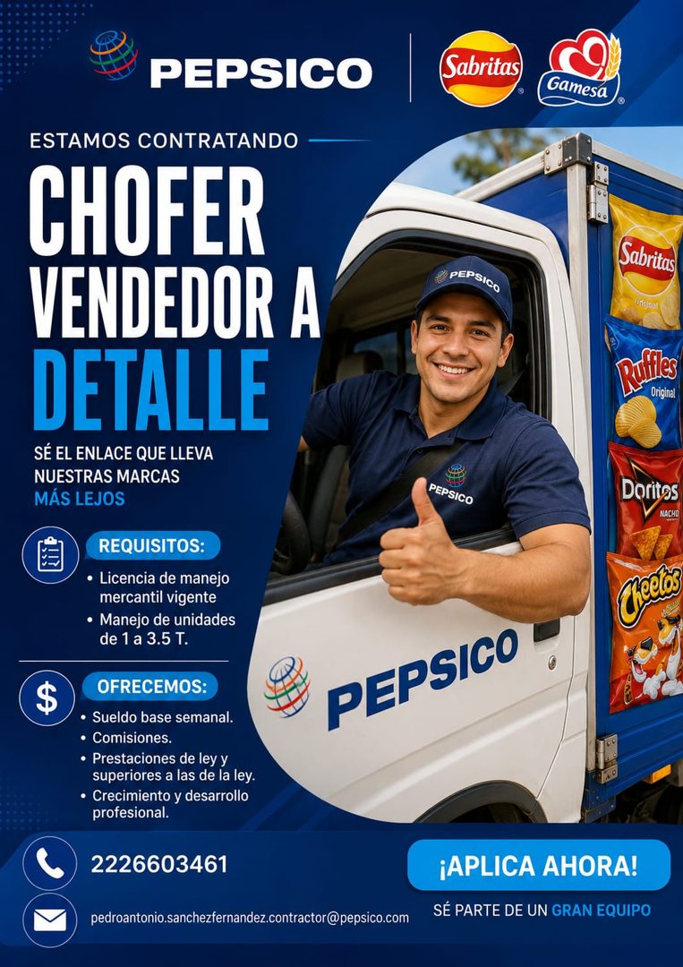Banner del anuncio de la vacante: PEPSICO · Sabritas · Gamesa · ESTAMOS CONTRATANDO · CHOFER · VENDEDOR A · DETALLE · SÉ EL ENLACE QUE LEVA · NUESTRAS MARCAS · MÁS LEJOS · RE