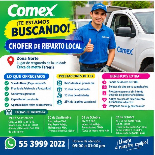 Banner del anuncio de la vacante: Comex. · ¡TE ESTAMOS · BUSCANDO! · Comer · CHOFER DE REPARTO LOCAL · Zona Norte · Lugar de resguardo de la unidad: · Cerca de metro Ferrería
