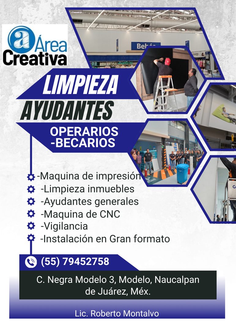Banner del anuncio de la vacante: SALIENTE SE · Area · Creativa · LIMPIEZA · AYUDANTES · OPERARIOS · -BECARIOS · Ber -- · -Maquina de impresión · -Limpieza inmuebles · -Ayuda