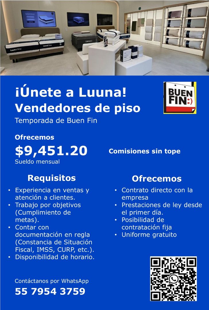 Banner del anuncio de la vacante: Luuna Oik · Luuna One · ¡Únete a Luuna! · Vendedores de piso · Temporada de Buen Fin · Ofrecemos · $9,451.20 · Sueldo mensual · Requisitos ·