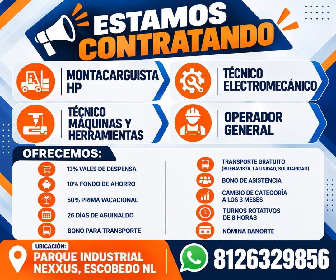 Banner del anuncio de la vacante: ESTAMOS · CONTRATANDO · MONTACARGUISTA · HP · TÉCNICO · MAQUINAS Y · HERRAMIENTAS · OFRECEMOS: · 13% VALES DE DESPENSA · 10% FONDO DE AHORRO