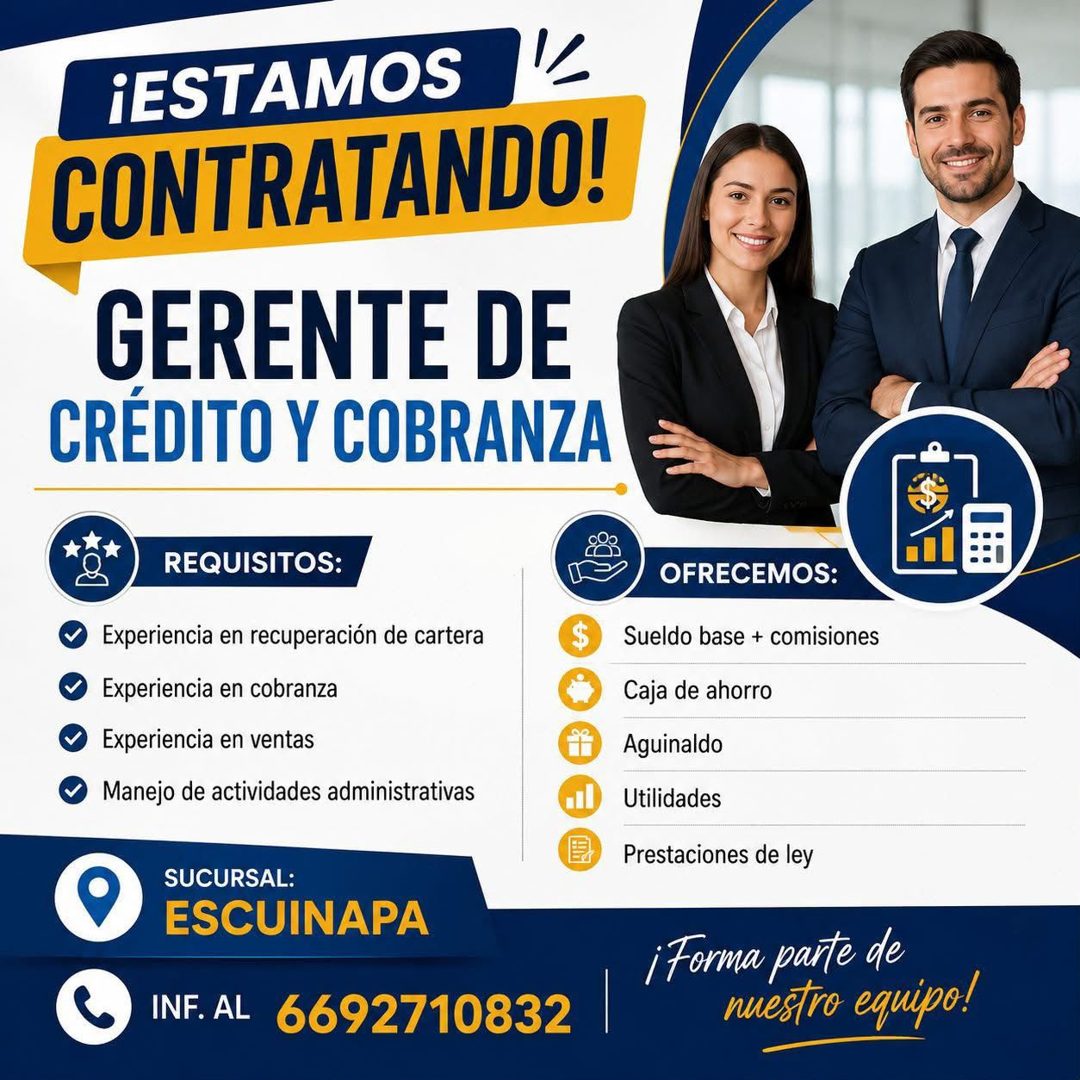 Banner del anuncio de la vacante: ¡ESTAMOS · CONTRATANDO! · GERENTE DE · CRÉDITO Y COBRANZA · REQUISITOS: · Experiencia en recuperación de cartera · Experiencia en cobranza ·