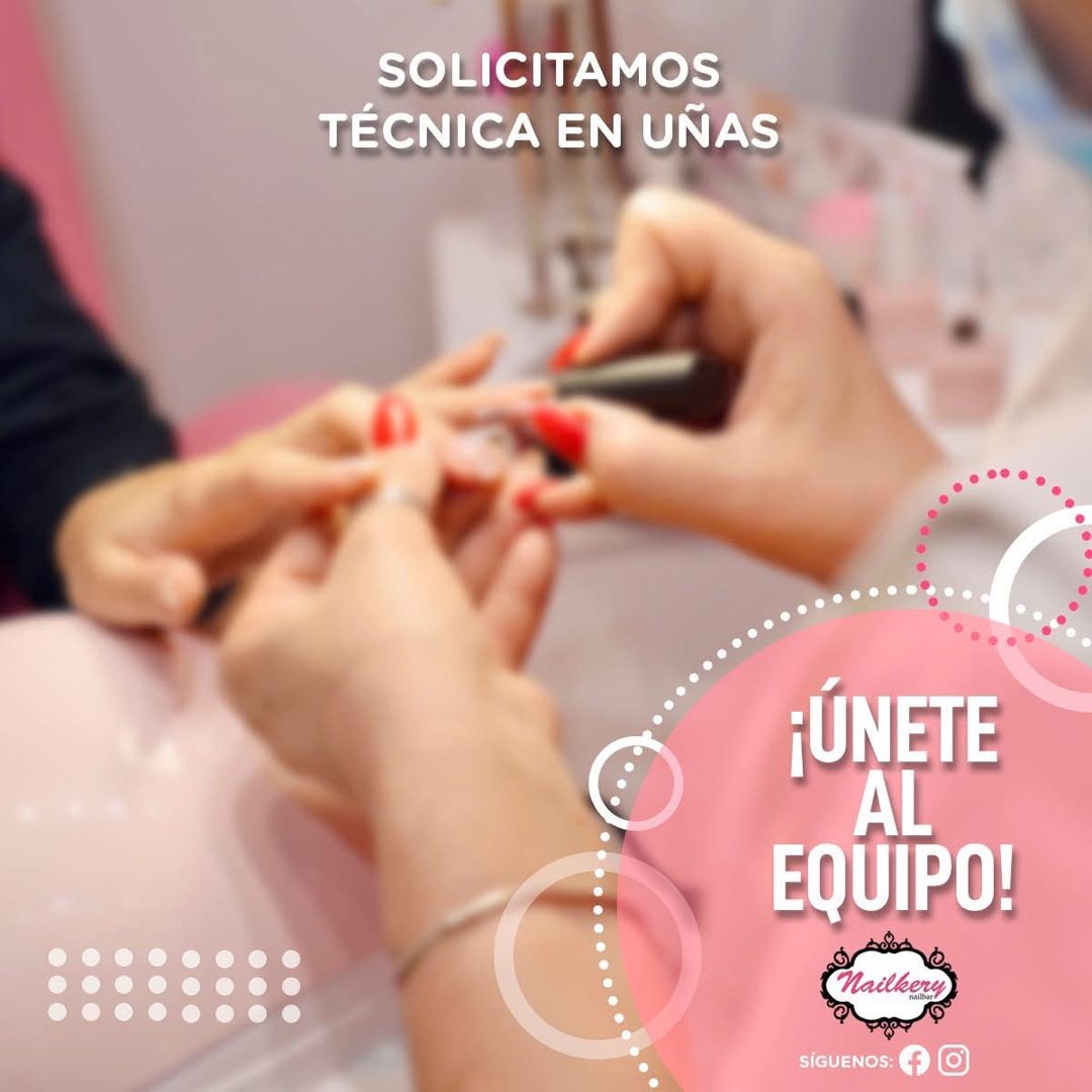 Banner del anuncio de la vacante: SOLICITAMOS · TÉCNICA EN UÑAS · ¡UNETE · AL · EQUIPO! · Nailkery · nailhar · SÍGUENOS: + O