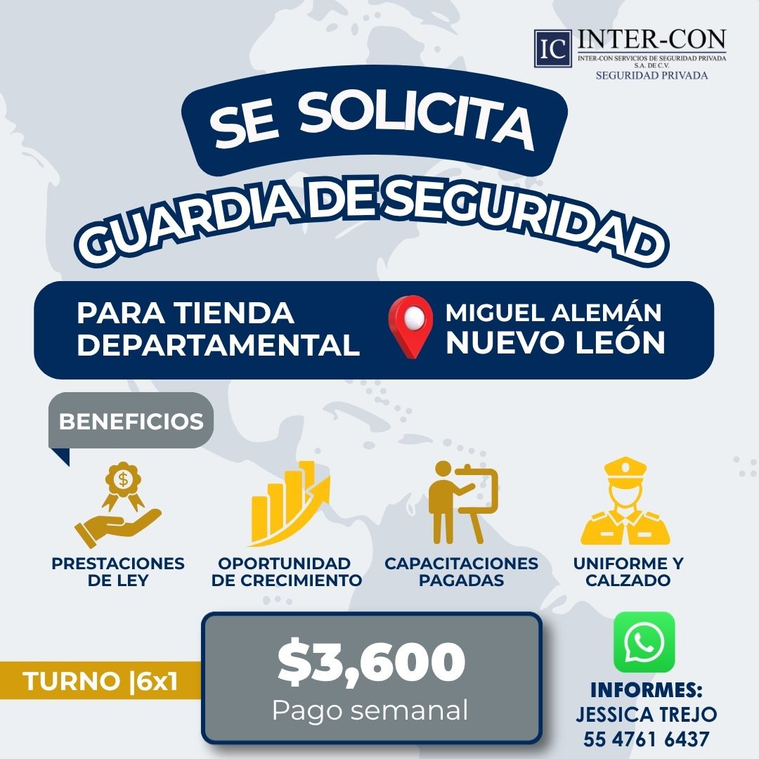Banner del anuncio de la vacante: IC · INTER-CON · INTER-CON SERVICIOS DE SEGURIDAD PRIVADA · S.A. DE C.V. · SEGURIDAD PRIVADA · SE SOLICITA · GUARDIA DE SEGURIDAD · PARA TIE