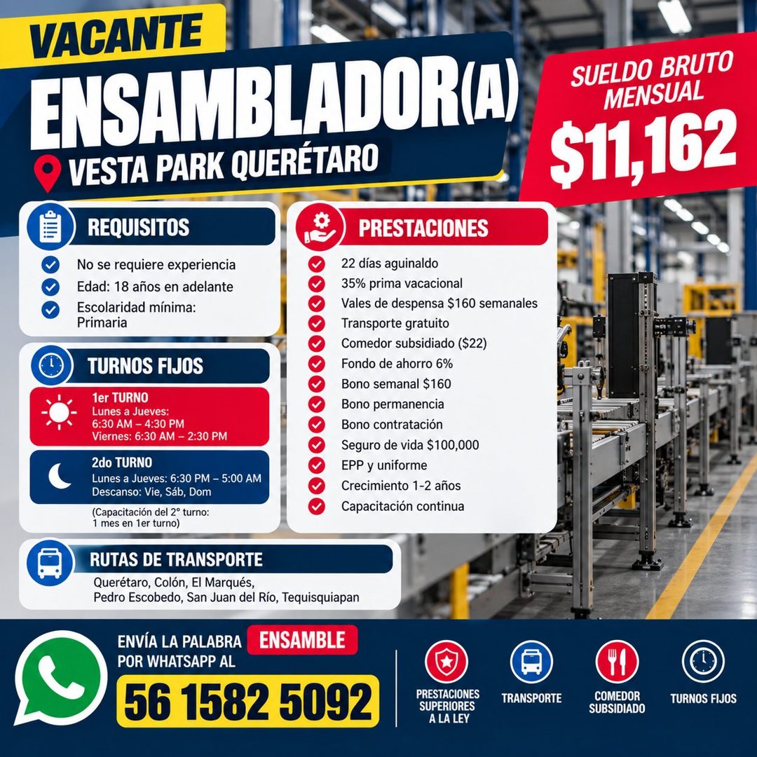 Banner del anuncio de la vacante: VACANTE · ENSAMBLADOR(A) · • VESTA PARK QUERÉTARO · REQUISITOS · PRESTACIONES · No se requiere experiencia · Edad: 18 años en adelante · Esc