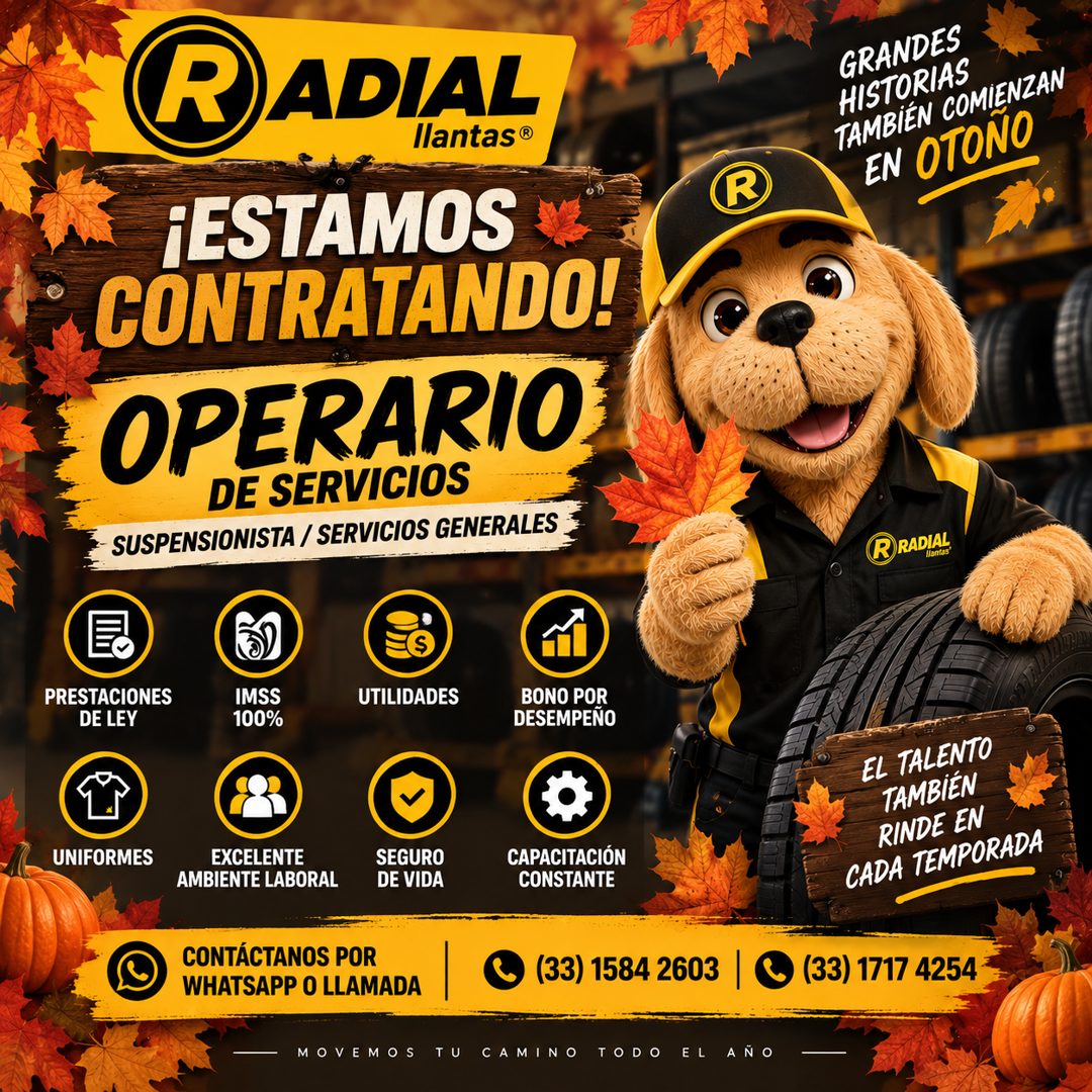Banner del anuncio de la vacante: RADIAL · llantas® · ¡ESTAMOS · CONTRATANDO! · OPERARIO · DE SERVICIOS · SUSPENSIONISTA / SERVICIOS GENERALES · GRANDES · HISTORIAS · TAMBIÉN
