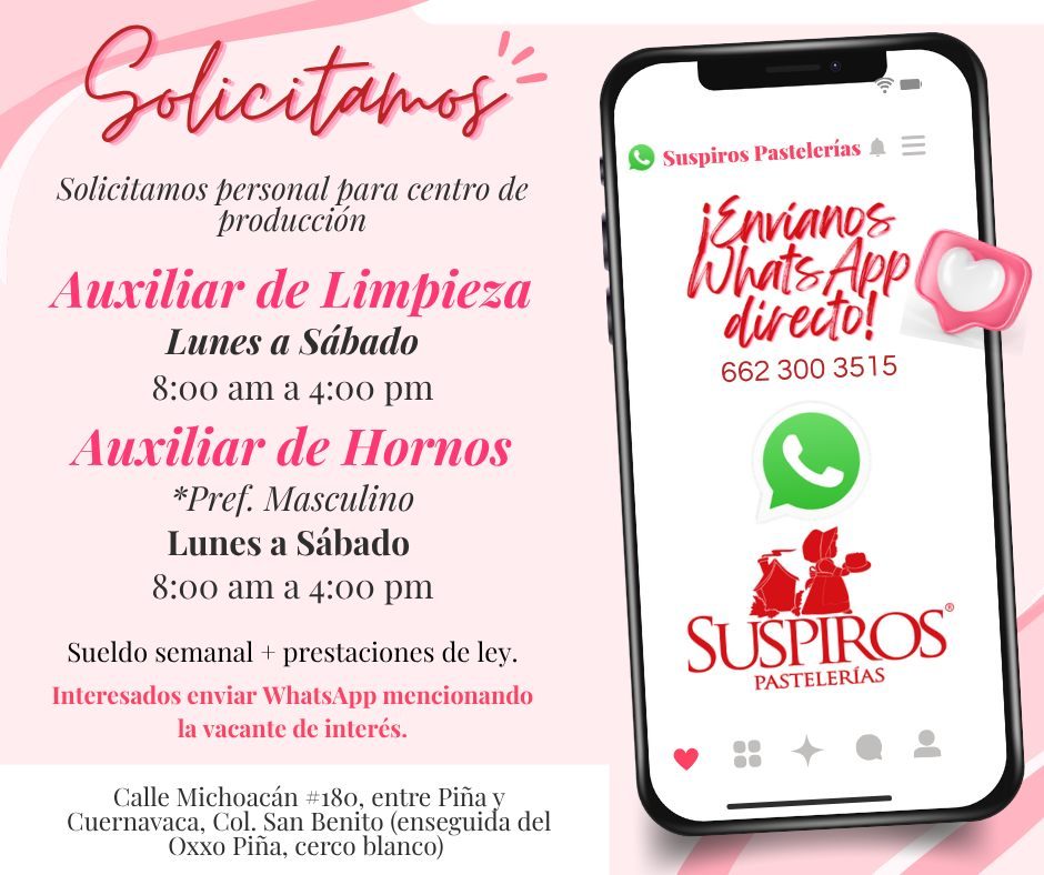Banner del anuncio de la vacante: Solicitamos · Solicitamos personal para centro de · producción · Auxiliar de Limpieza · Lunes a Sábado · 8:00 am a 4:00 pm · Auxiliar de Hor