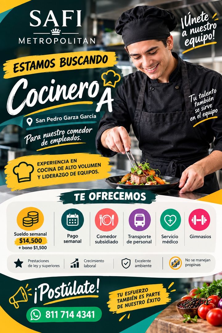 Banner del anuncio de la vacante: SAFI · METROPOLITAN · ESTAMOS BUSCANDO · Cocinero · San Pedro Garza García · Para nuestro comedor · de empleados. · Únete · a nuestro · equi