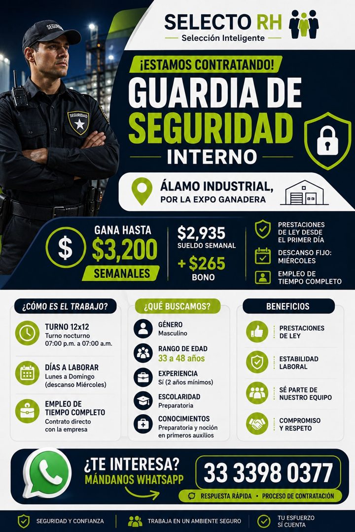 Banner del anuncio de la vacante: SEGUR · SEGURIDAD · ¿CÓMO ES EL TRABAJO? · TURNO 12x12 · Turno nocturno · 07:00 p.m. a 07:00 a.m. · DÍAS A LABORAR · Lunes a Domingo · (desc