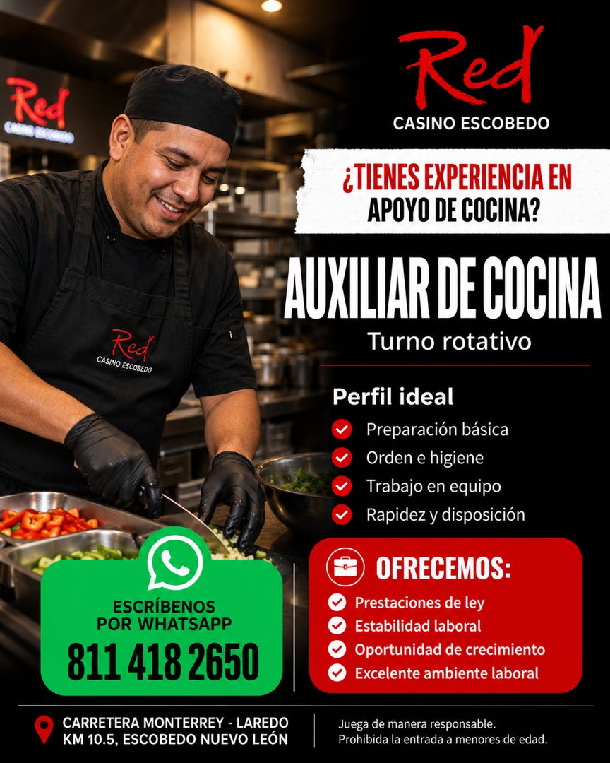 Banner del anuncio de la vacante: Rel · Red · CASINO ESCOBEDO · ESCRÍBENOS · POR WHATSAPP · 811 418 2650 · CARRETERA MONTERREY - LAREDO · KM 10.5, ESCOBEDO NUEVO LEÓN · Red ·