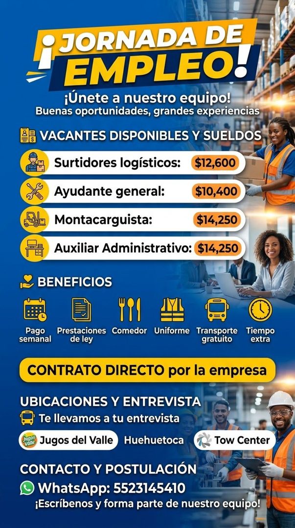 Banner del anuncio de la vacante: O JORNADA DE · EMPLEO! · ¡Únete a nuestro equipo! · Buenas oportunidades, grandes experiencias · VACANTES DISPONIBLES Y SUELDOS · Surtidores