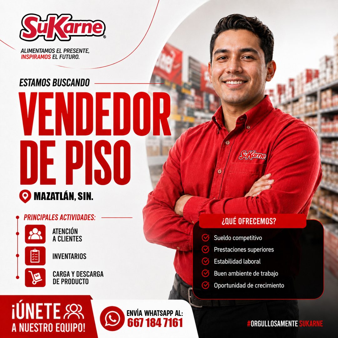Banner del anuncio de la vacante: S-Karne · ALIMENTAMOS EL PRESENTE, · INSPIRAMOS EL FUTURO. · ESTAMOS BUSCANDO · VENDEDOR · DEPISO · MAZATLÁN, SIN. · PRINCIPALES ACTIVIDADES
