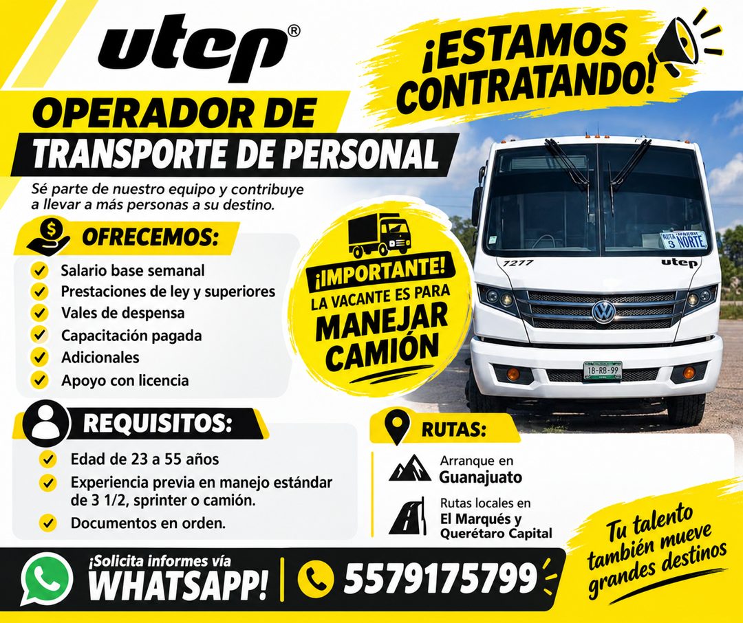 Banner del anuncio de la vacante: utep® · OPERADOR DE · TRANSPORTE DE PERSONAL · Sé parte de nuestro equipo y contribuye · a llevar a más personas a su destino. · OFRECEMOS: 