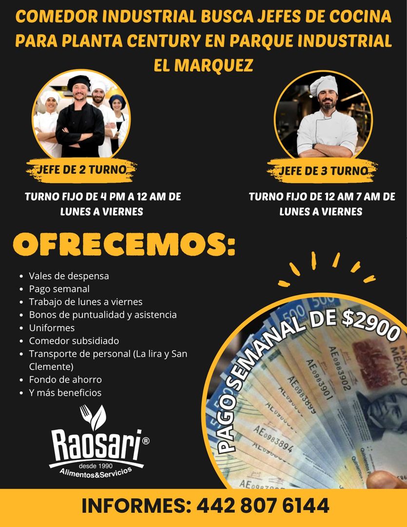 Banner del anuncio de la vacante: COMEDOR INDUSTRIAL BUSCA JEFES DE COCINA · PARA PLANTA CENTURY EN PARQUE INDUSTRIAL · EL MARQUEZ · JEFE DE 2 TURNO · TURNO FIJO DE 4 PM A 12
