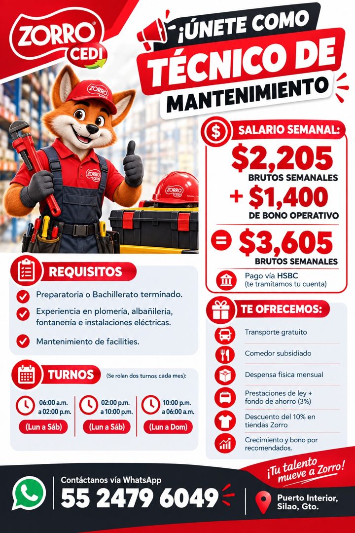 Banner del anuncio de la vacante: ZORRO® · CEDI · ZORRO) · J'¡ÚNETE COMO · TÉCNICO DE · MANTENIMIENTO · ZORRO · TCED · ZORRO · CrON · REQUISITOS · Preparatoria o Bachillerato