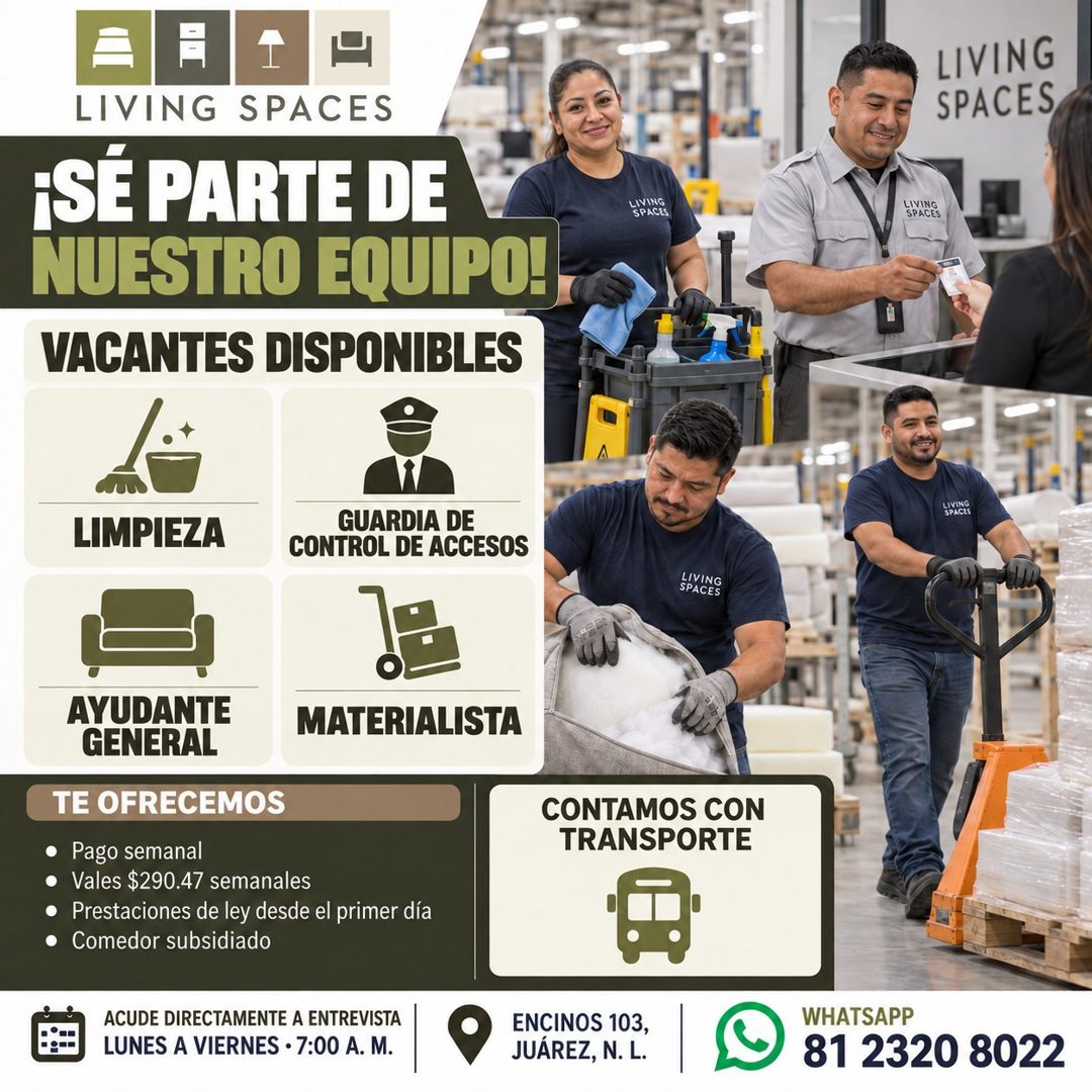Banner del anuncio de la vacante: LIVING · SPACES · LIVING SPACES · ¡SÉ PARTE DE · NUESTRO EQUIPO! · VACANTES DISPONIBLES · LIVING · SPACES · -IVING · SPACES · LIVING · SPACE
