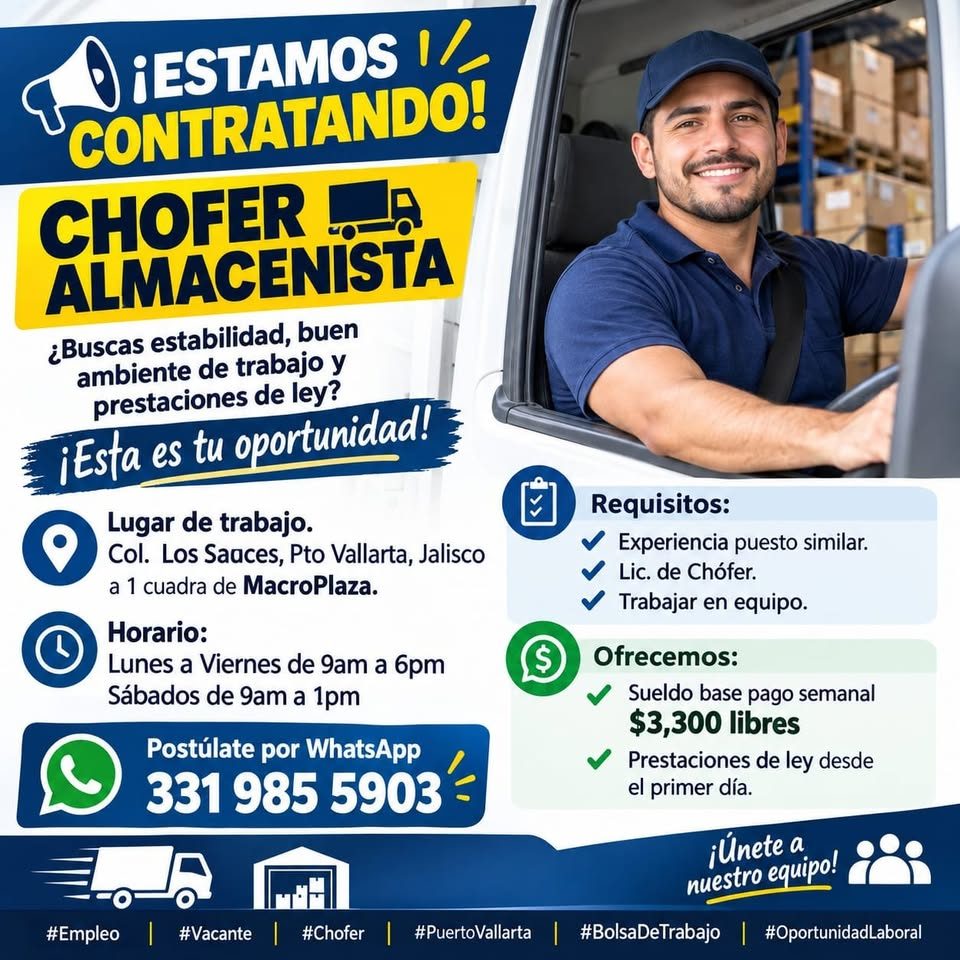 Banner del anuncio de la vacante: ¡ESTAMOS I/ · CONTRATANDO! · CHOFER · ALMACENISTA · ¿Buscas estabilidad, buen · ambiente de trabajo y · prestaciones de ley? · ¡Esta es tu o