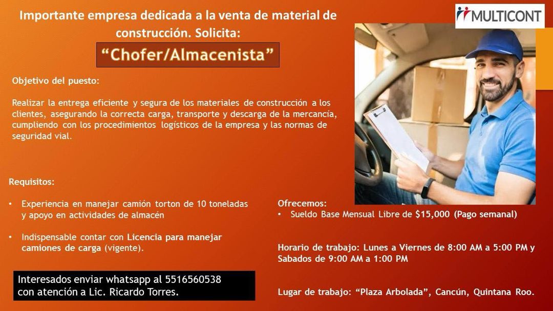 Banner del anuncio de la vacante: Importante empresa dedicada a la venta de material de · construcción. Solicita: · "Chofer/Almacenista" · F7 MULTICONT · Objetivo del puesto:
