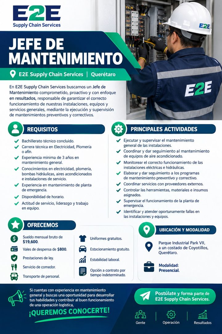 Banner del anuncio de la vacante: EZE · Supply Chain Services · E2E · JEFE DE · MANTENIMIENTO · •E2E Supply Chain Services | Querétaro · En E2E Supply Chain Services buscamos