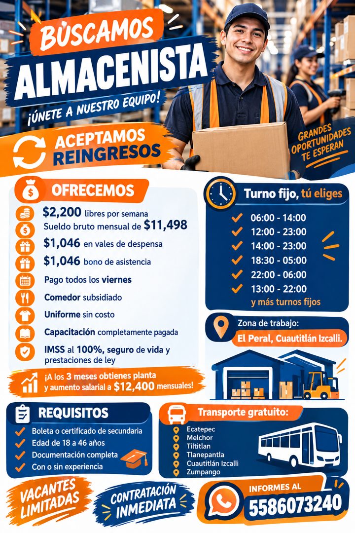 Banner del anuncio de la vacante: BÚSCAMOS · ALMACENISTA · ¡ÚNETE A NUESTRO EQUIPO! · ACEPTAMOS · REINGRESOS · OFRECEMOS · $2,200 libres por semana · Sueldo bruto mensual de 